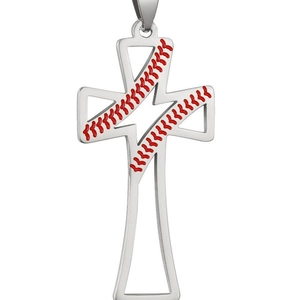 Collier croix en acier inoxydable avec motif de couture de baseball rouge sur fond blanc