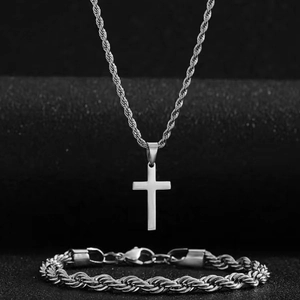 Men's Hip Hop Stainless Steel Rope Chain Cross Pendant Necklace And Bracelet Jewelry Set Vintage Punk Style Jewelry