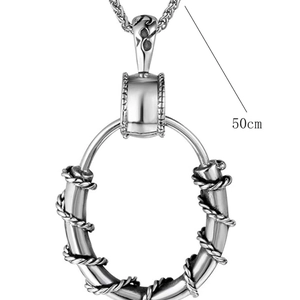 Silver stainless steel oval ring pendant necklace with thorn texture and 50cm wheat chain