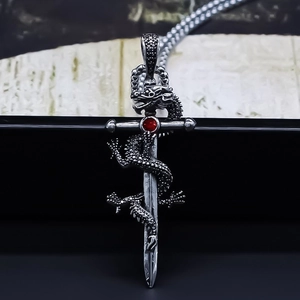 Vintage Gothic Dragon Coiled Sword Cross Pendant Necklace For Men Women Alloy Red Rhinestone Inlay Punk Jewelry Gift