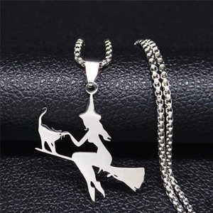 Stainless Steel Witch Riding Broomstick With Cat Silhouette Pendant Necklace For Halloween Fantasy Unisex Jewelry Gift