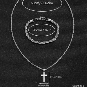 Polished silver men's hip hop jewelry set with cross necklace and rope chain bracelet