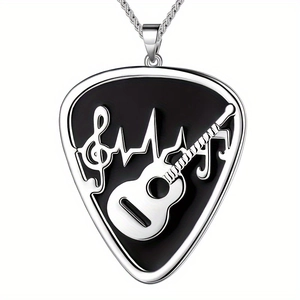 Collier médiator en acier inoxydable argenté avec note de musique et motif battement