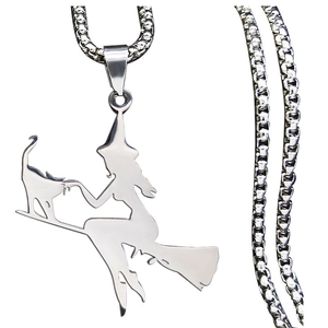 Polished stainless steel witch and cat on broomstick silhouette pendant necklace