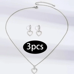 Parure Collier Et Boucles d'Oreilles Cœur en Alliage Élégant Avec Strass Incrustés Couleur Argent Parure de Bijoux Cœur Femme