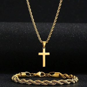 Men's hip hop gold rope chain set featuring classic cross pendant and matching bracelet