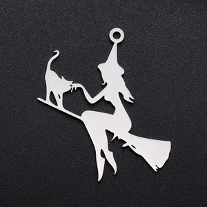 Polished stainless steel witch riding broom with cat silhouette pendant necklace