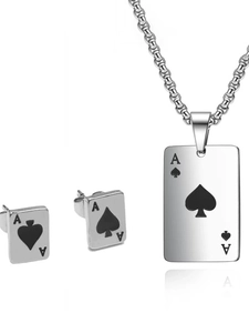 Polished titanium steel Ace of Spades poker pendant necklace and stud earrings set