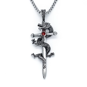 Gothic dragon wrapped around sword cross necklace with red ruby stone in vintage silver