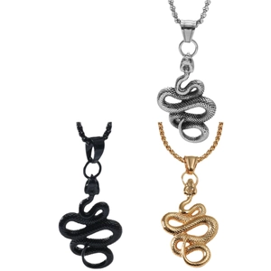 Three-piece coiled snake pendant necklaces in silver, gold, and matte black finish