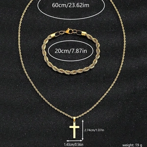 Men's hip-hop gold twist chain jewelry set with cross pendant necklace and rope bracelet