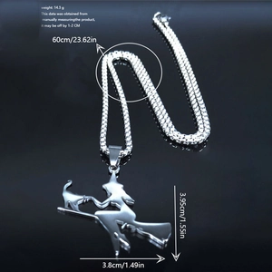 Fantasy stainless steel witch on broom and cat pendant necklace with 60cm box chain