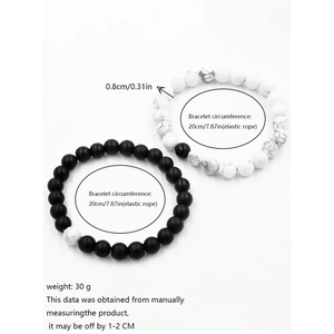 Set bracciali elastici in pietra vulcanica e turchese bianco 8mm per coppie
