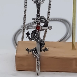Dragon sword cross necklace with red crystal pendant in vintage silver finish