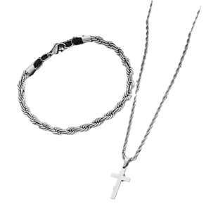 Silver twisted rope chain jewelry set with classic cross pendant necklace and bracelet