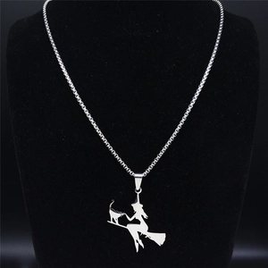 Stainless steel witch and cat on broom silhouette necklace with a bead chain