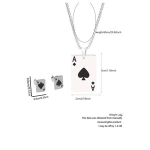Titanium steel Ace of Spades necklace and earrings set with detailed dimensions