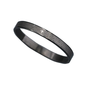Matte black stainless steel cross bracelet with engraved Roman numerals and scriptures