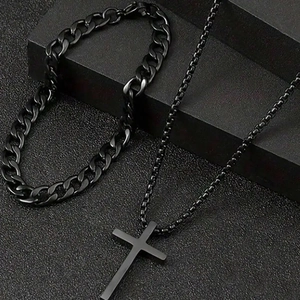 Alloy Cross Pendant Necklace And Bracelet Jewelry For Men Women Electroplated Cuban Link Chain Minimalist Necklaces