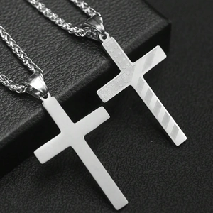Polished silver titanium steel cross pendant necklace with star engraving for men