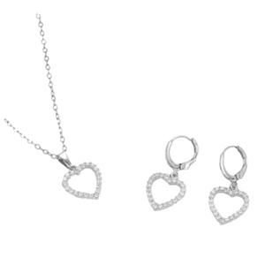 Parure de bijoux avec collier et boucles d'oreilles cœur en argent et zircons