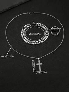 Detailed view of titanium steel jewelry set with size dimensions for cross and chains