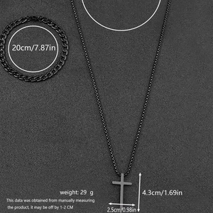 Minimalist black stainless steel jewelry set with cross pendant necklace and NK chain bracelet