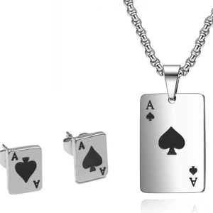 Titanium Steel Ace Of Spades Poker Card Pendant Necklace And Stud Earrings Jewelry For Men Women Silver Black