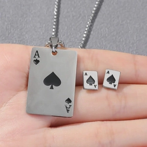 Titanium steel Ace of Spades jewelry set with pendant necklace and matching stud earrings