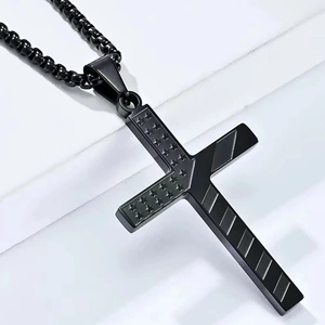 Minimalist Titanium Steel Cross Pendant Necklace For Men Women Hip Hop Black Silver Pentagram Star Pattern Sweater Chain