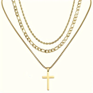 Ensemble de colliers triple épaisseur en acier doré avec pendentif croix et chaîne