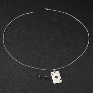 Titanium steel Ace of Spades poker pendant necklace and stud earrings jewelry set
