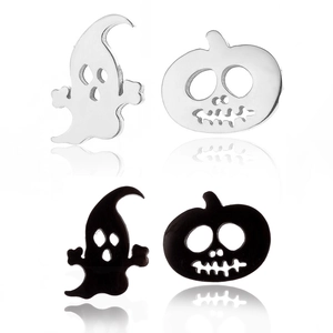 Halloween skull ghost and pumpkin stud earrings set in silver and black stainless steel
