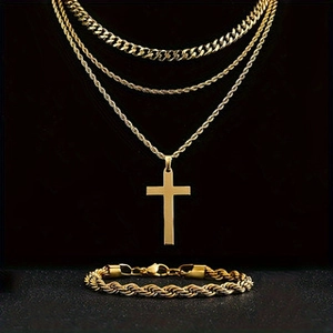 Parure de Colliers avec Pendentif Croix en Acier Inoxydable Unisexe Multicouche Plaqué Or Mailles Cubaines Bijoux de Mode