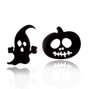 Close-up of Halloween ghost and pumpkin stud earrings with a glossy black finish