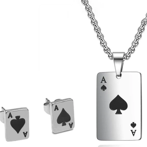 Titanium steel jewelry set featuring ace of spades poker necklace and stud earrings