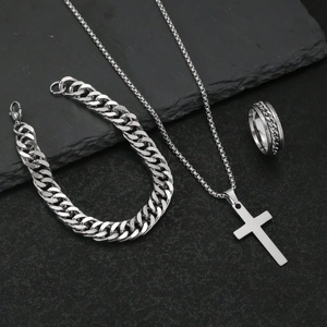 Men Titanium Steel Cross Pendant Necklace Cuban Link Bracelet Rotatable Textured Finger Ring Silver Industrial Style Jewelry