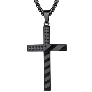 Minimalist black stainless steel cross necklace featuring star and stripe pattern engraving