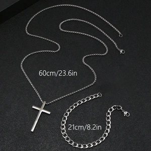 Silver stainless steel cross pendant necklace and NK chain bracelet jewelry set for men