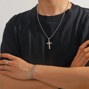 Ensemble de Bijoux pour Hommes en Acier Titane Argent Collier Pendentif Croix Bracelet Chaîne Cubaine Bague Chiffres Romains
