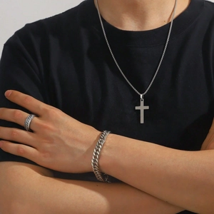Men's silver titanium steel jewelry set with cross necklace, cuban chain, and textured ring