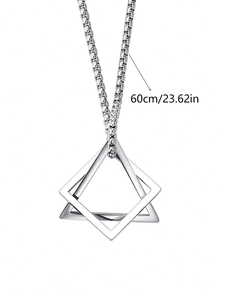 Silver square geometric pendant necklace detail with 60cm or 23.6in length measure