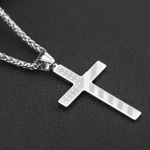 Polished titanium steel cross pendant necklace with American flag design and long twisted chain