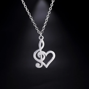 Stainless Steel Musical Note Heart Pendant Necklace For Women Polished G-Clef Music Symbol Jewelry Simple Minimalist Chain