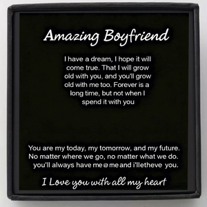 Matte black jewelry gift box interior featuring printed romantic message for boyfriend