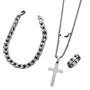 Ensemble bijoux homme 3 pièces en argent avec collier croix, gourmette et bague rotative