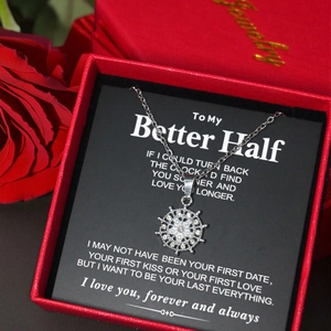 Sunflower helm pendant necklace with diamonds in a red rose gift box and message card
