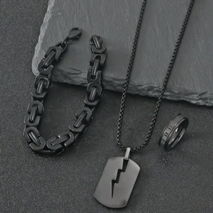 Set di Gioielli da Uomo in Acciaio Inossidabile Nero Collana con Ciondolo a Fulmine Bracciale Bizantino Anello Hip Hop