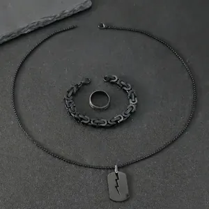 Set gioielli uomo in acciaio nero con ciondolo a fulmine, bracciale a catena e anello
