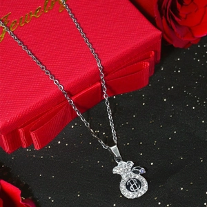 Collier sac d'argent argenté avec symbole dollar et cristaux sur une boîte à bijoux